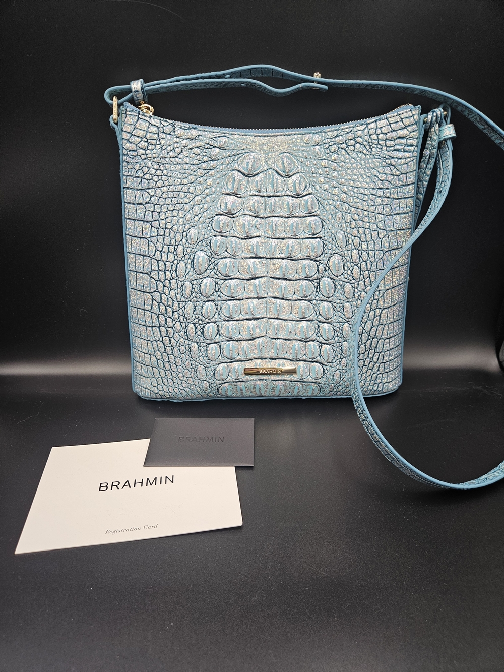 Brahmin Katie Arctic Blue Melbourne Embossed Croc Leather Crossbody Bag
 NWOT